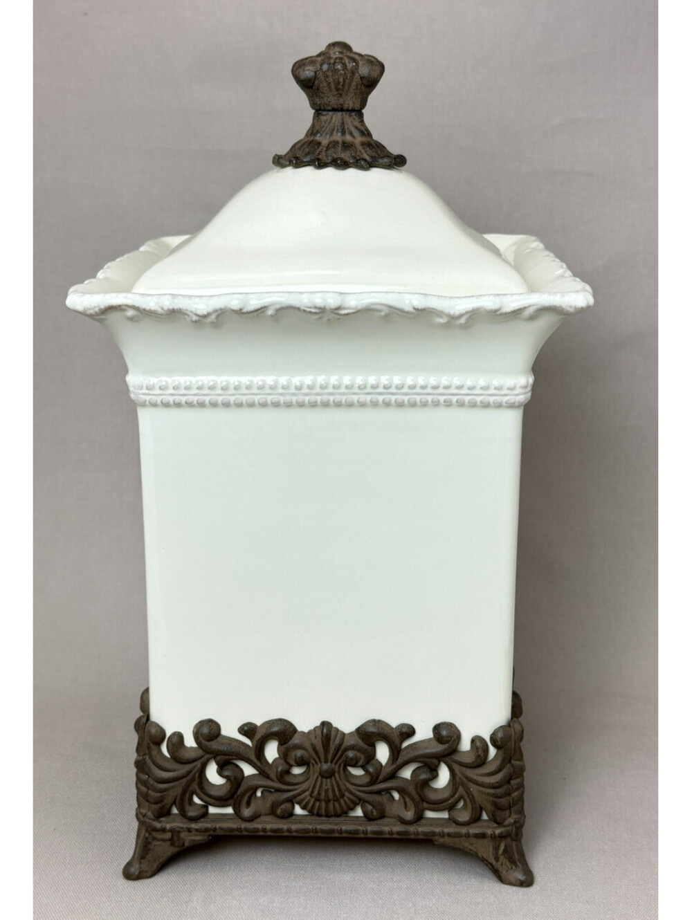 Chris Madden JCPenney Home Foret Ivory Ceramic Canister Ornate Metal Base 12"